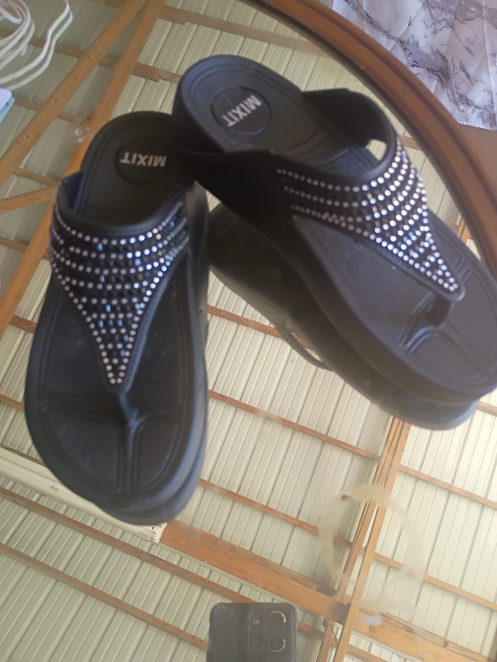 NewMix It Black Rhinestone Thong Sandals